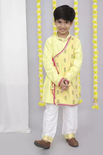 Yellow chanderi boy angrakha with pyjama
