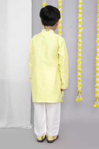 Yellow chanderi boy angrakha with pyjama