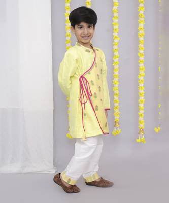 Yellow chanderi boy angrakha with pyjama 4