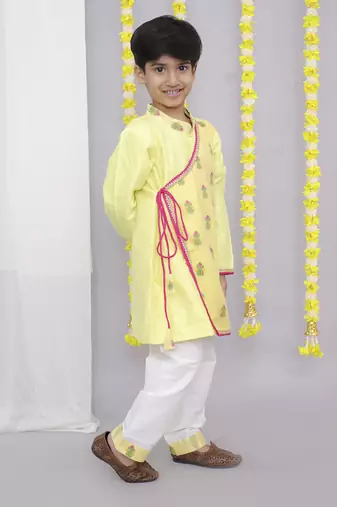Yellow chanderi boy angrakha with pyjama