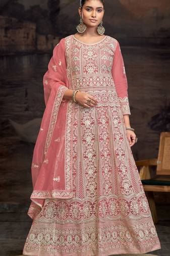 Orange embroidered net semi-anarkali suit