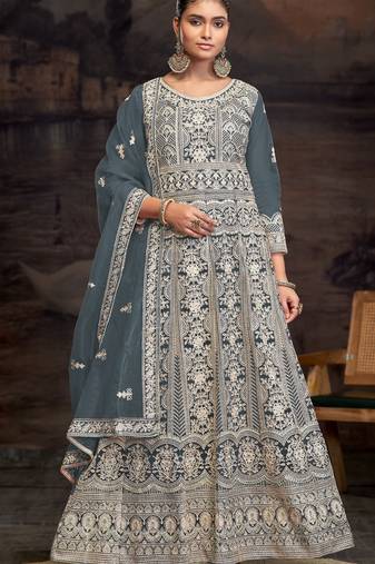 Aqua blue embroidered net semi-anarkali suit