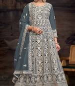 Aqua blue embroidered net semi-anarkali suit