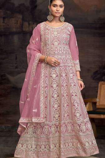 Pink embroidered net semi-anarkali suit