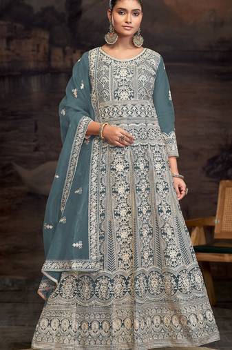 Sky blue embroidered net semi-anarkali suit