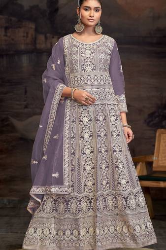 Purple embroidered net semi-anarkali suit
