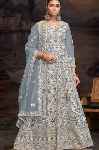 Grey Embroidered net semi-anarkali suit