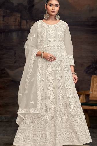 Cream embroidered net semi-anarkali suit