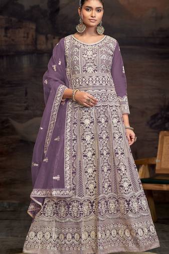 Lavandar embroidered net semi-anarkali suit