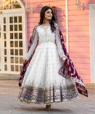 White georgette anarkali with  bottom & dupatta 1