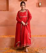 Red Georgette Zardosi and Lacework  Anarkali Set