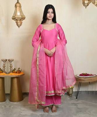 Pink Designer Chanderi Anarkali With Pant & Dupatta Set 1