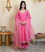 Pink Designer Chanderi Anarkali With Pant & Dupatta Set