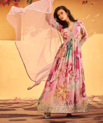 Pink embroidery sequins and print chinon silk gown- free size stitched( size upto 42") 1