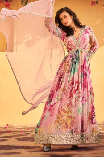 Pink embroidery, sequins and print chinon silk gown- free size stitched( size upto 42")