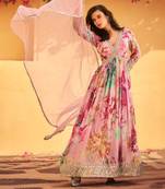 Pink embroidery sequins and print chinon silk gown- free size stitched( size upto 42")