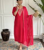 Women's Chanderi Viscose Fabric Straight Kurta, Pant and Dupatta Set