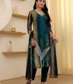 Women's Rayon Slub Fabric Straight Kurta, Pant and Dupatta Set
