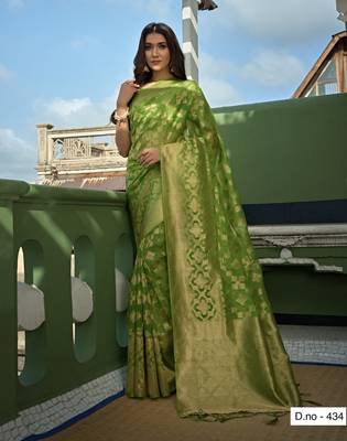 Light Green Zari Butti Woven Banarasi Soft Organza Saree 1
