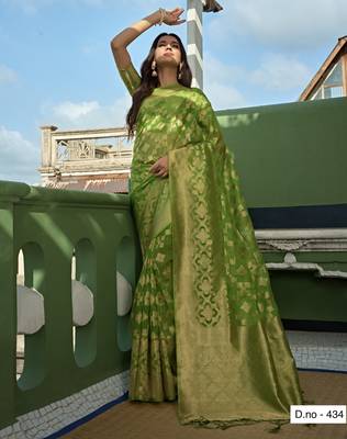 Light Green Zari Butti Woven Banarasi Soft Organza Saree 2