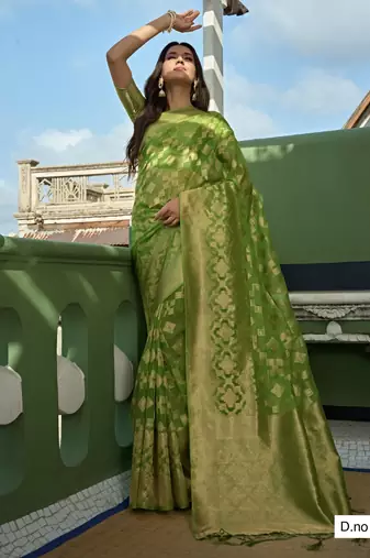 Light Green Zari Butti Woven Banarasi Soft Organza Saree
