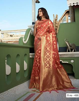 Peach Zari Butti Woven Banarasi Soft Organza Saree 1