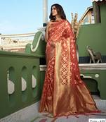 Peach Zari Butti Woven Banarasi Soft Organza Saree