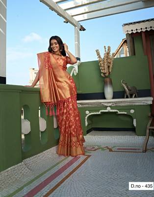 Peach Zari Butti Woven Banarasi Soft Organza Saree 2
