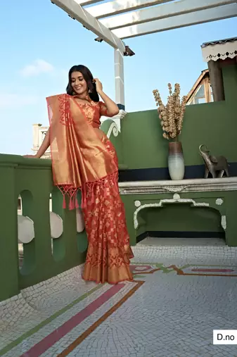Peach Zari Butti Woven Banarasi Soft Organza Saree