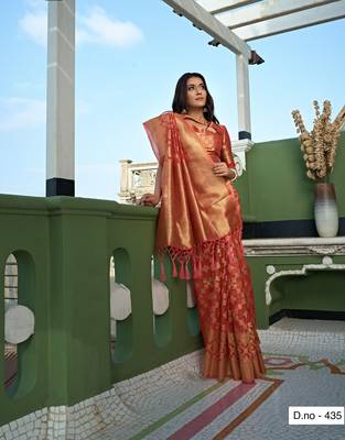 Peach Zari Butti Woven Banarasi Soft Organza Saree 3