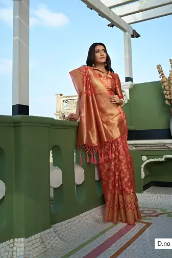 Peach Zari Butti Woven Banarasi Soft Organza Saree