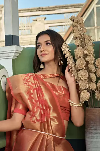 Peach Zari Butti Woven Banarasi Soft Organza Saree