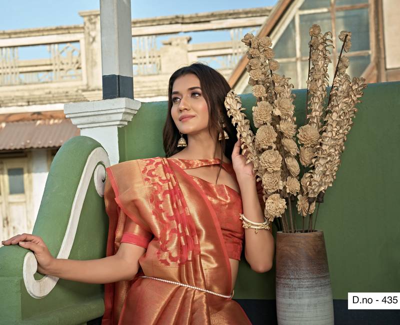 Peach Zari Butti Woven Banarasi Soft Organza Saree