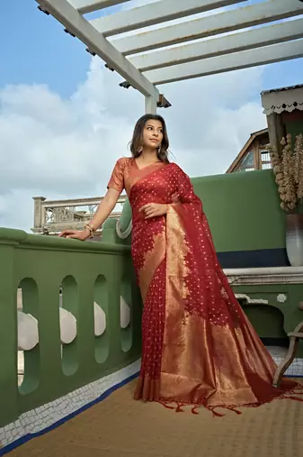 Red Zari Butti Woven Banarasi Soft Organza Saree