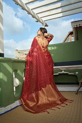 Red Zari Butti Woven Banarasi Soft Organza Saree 3