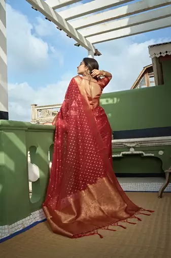 Red Zari Butti Woven Banarasi Soft Organza Saree