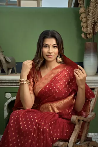 Red Zari Butti Woven Banarasi Soft Organza Saree