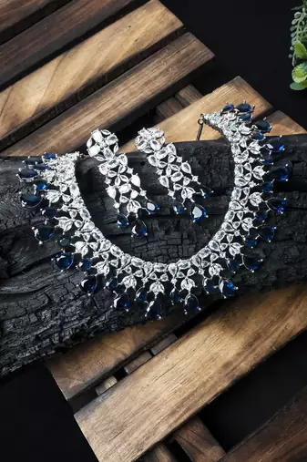 Silver plated blue cz collar necklace set