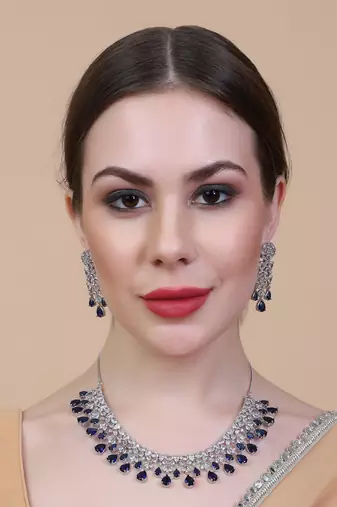 Silver plated blue cz collar necklace set