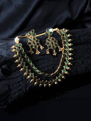 Gold plated green kemp double line necklace set 1