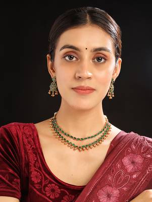 Gold plated green kemp double line necklace set 4
