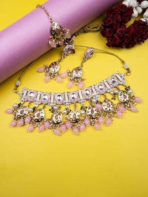Gold plated blush meenakari kundan necklace set 1
