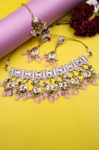 Gold plated blush meenakari kundan necklace set