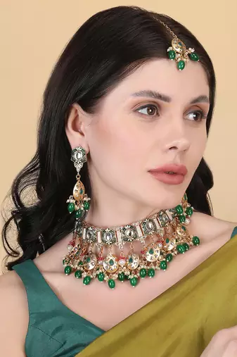 Gold plated green meenakari kundan necklace set