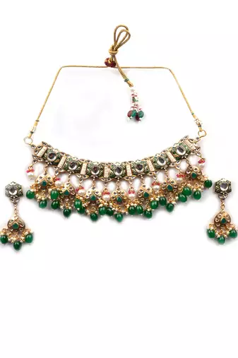 Gold plated green meenakari kundan necklace set