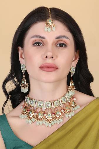 Gold plated light green meenakari kundan necklace set