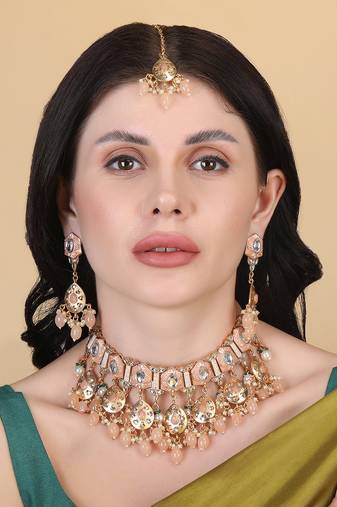 Gold plated peach meenakari kundan necklace set
