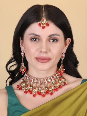 Gold plated red meenakari kundan necklace set 1