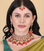 Gold plated red meenakari kundan necklace set