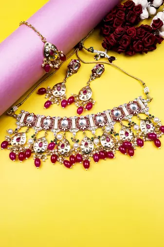 Gold plated red meenakari kundan necklace set